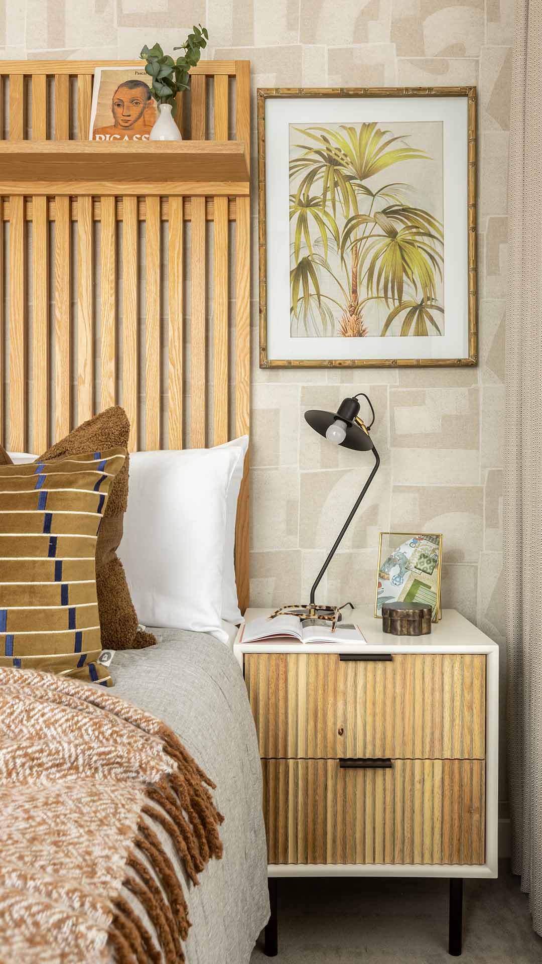 Modern bedside table with warm textures at Fulton & Fifth – Fulton Rd